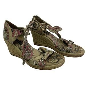 Tommy Hilfiger Womens Sz 7 Y2K Cotton Upper Wedge Sandals Paisley Pink Tie On